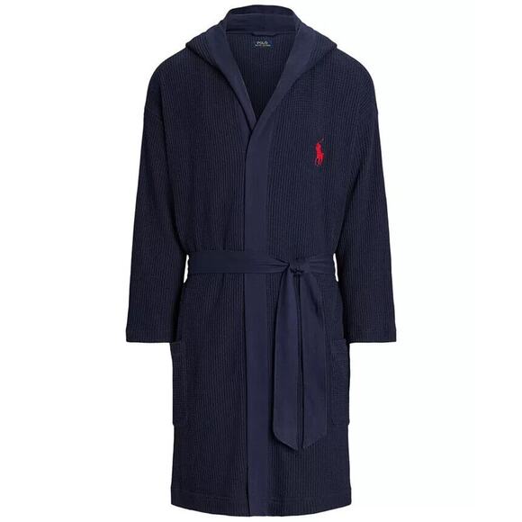 POLO RALPH LAUREN MEN'S THERMAL HOODED ROBE‎ NAVY BLUE SZ NWT - Picture 1 of 3